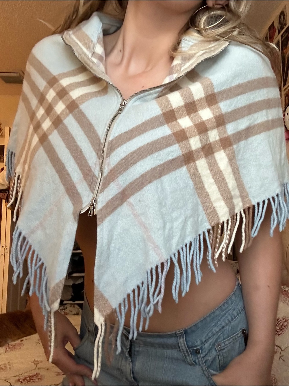 Vintage Burberry Nova Check Cashmere Blend Hooded Cape Poncho Blue Fringe